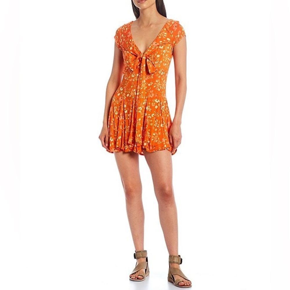 Free People It Takes Two Floral Print Deep Tie V-Neck Mini Dress